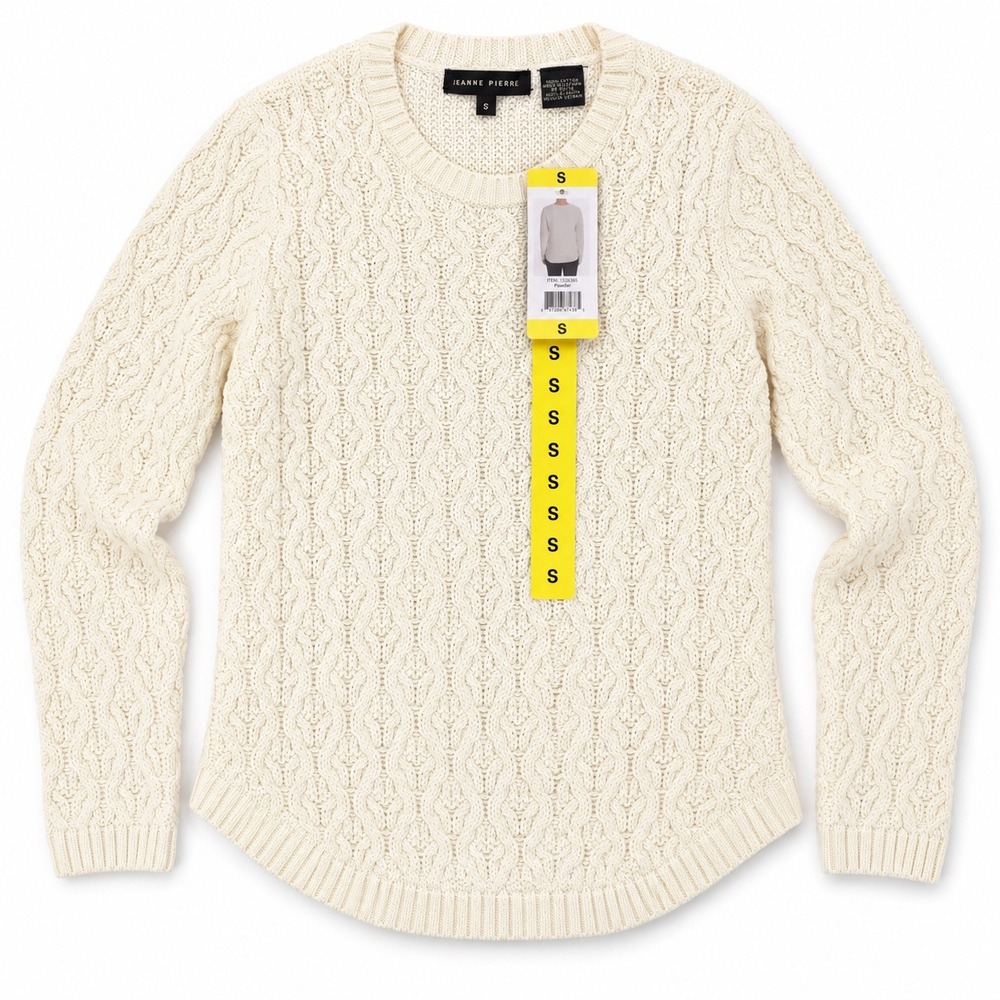 Jeanne Pierre Sweater Womens Small Ivory White Cable Knit Cotton Curved Hem NWT
